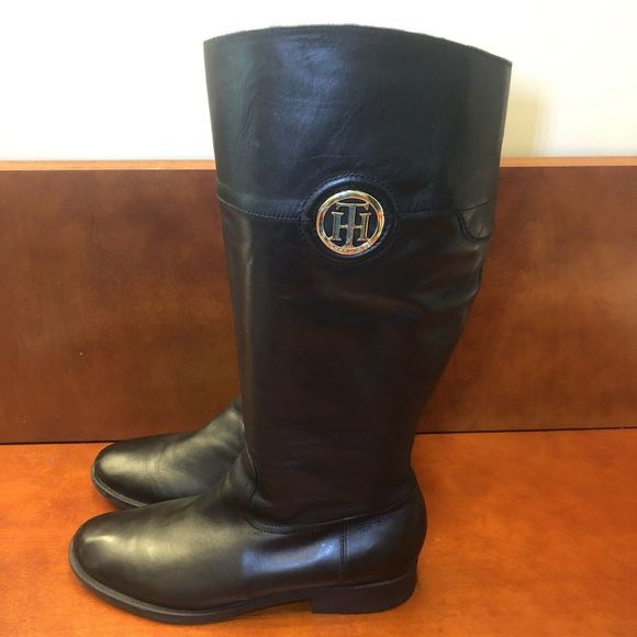 Tommy Hilfiger Shoes - Tommy Hilfiger Womens Black Leather Logo Knee High